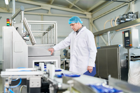 Serious experienced male food technologist in sterile clothes changing program of production line while working in packaging shopの写真素材