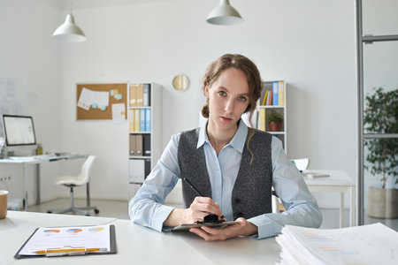 Portrait of young businesswoman looking at camera while making notes in document sitting at her workplaceの写真素材