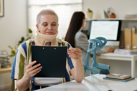 Woman with injury of neck sitting at table and reading contract, she getting medical care in social serviceの写真素材