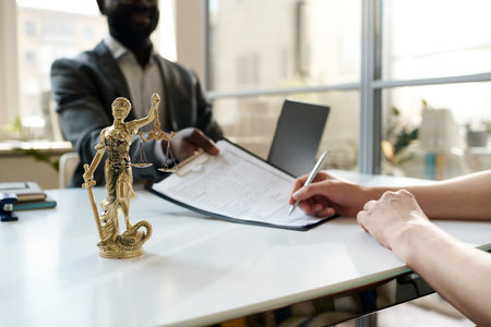 Close-up of client signing contract at meeting with lawyer in officeの写真素材