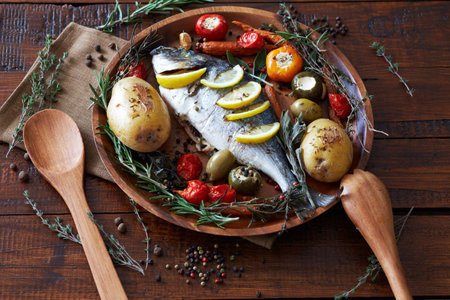 Plate of appetizing baked fish with potatoes, spices and lemon served on wooden table with cooking utensil and herb twigsの写真素材