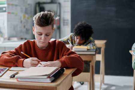 Serious schoolboy sitting at desk and making notes in his notebook during a lesson in the classroomの写真素材