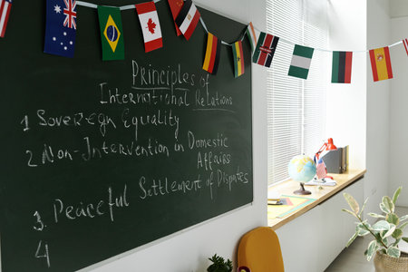 Blackboard with flags of different countries in the classroom at schoolの写真素材