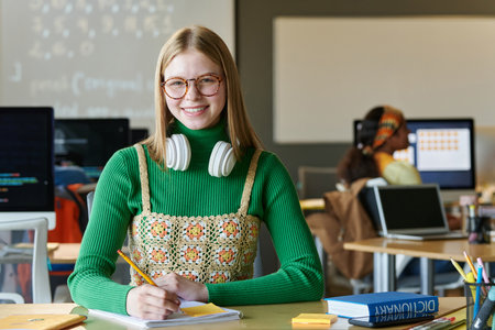 Portrait of schoolgirl in eyeglasses smiling at camera while sitting at desk and studying in IT classの写真素材
