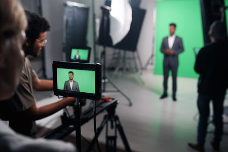 Videomaker shooting journalist for broadcast in professional studioの写真素材