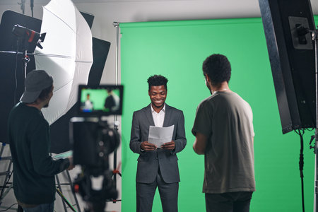 African American presenter in suit reading the script before shooting of TV program in studioの写真素材