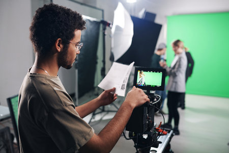Professional operator sitting behind the camera and reading script before shootingの写真素材