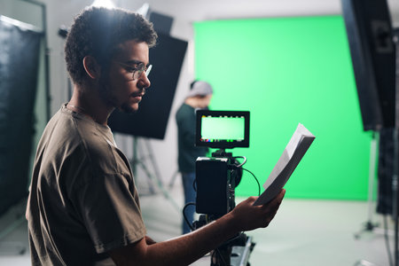 Young professional cameraman reading script before shooting in studioの写真素材