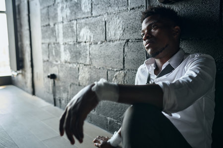 African American young man in depression leaning on brick wall while sitting in empty roomの写真素材