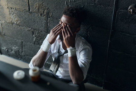 African American man crying covering his face with hands while sitting alone in the roomの写真素材