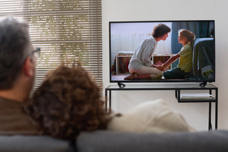 Rear view of couple sitting on sofa and embracing while watching movie together at homeの写真素材