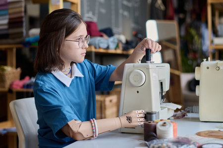 Side view portrait of teenage girl with prosthetic hand using sewing machine in vocational training class copy spaceの写真素材