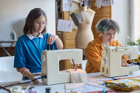 Portrait of two young girls with disability using sewing machines in school or vocational training classの写真素材