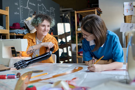 Portrait of two smiling teenage girls with prosthetics sewing clothing together in inclusive training classの写真素材