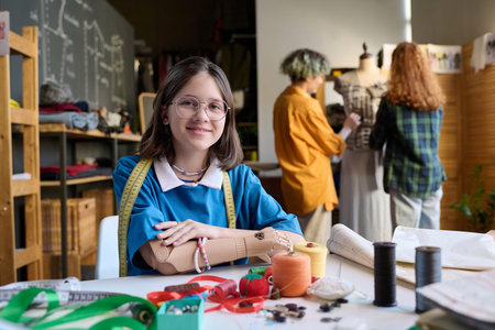 Portrait of teen young girl with arm prosthetic smiling at camera in atelier workshop copy space