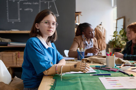 Side view portrait of teenage girl with prosthetic hand drawing clothing sketches in tailoring class and looking at camera, copy spaceの写真素材