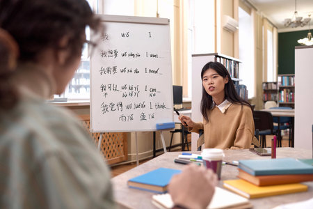 Portrait of young Asian woman as female teacher teaching Chinese language class sitting at table by whiteboard with hieroglyphs copy spaceの写真素材