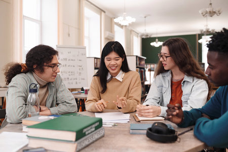 Portrait of young Asian woman with multiethnic group of students sitting at table together and enjoying schoolwork in college libraryの写真素材