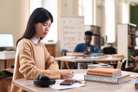 Side view portrait of young intelligent Asian woman studying business english in college library and...