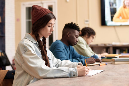 Side view portrait of young woman wearing beanie hat and taking notes during online lecture with teacher on screen in background copy spaceの写真素材