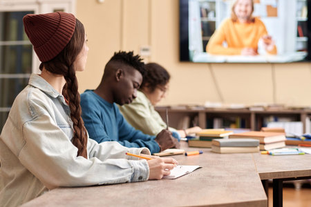 Side view of young woman looking at computer screen and listening to teacher during online lecture in college class copy spaceの写真素材