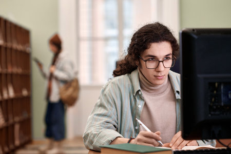 Front view portrait of young male student wearing glasses looking at computer screen while studying in college library copy spaceの写真素材