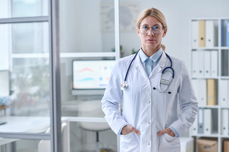 Waist up portrait of blonde mature woman as expert female doctor writing standing in clean white office and looking at camera copy spaceの写真素材