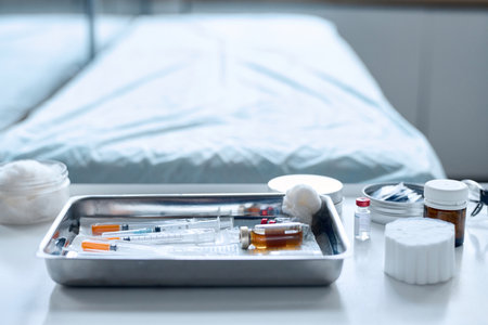 Side view closeup of vaccine medication and syringes on table in clean procedure room copy spaceの写真素材
