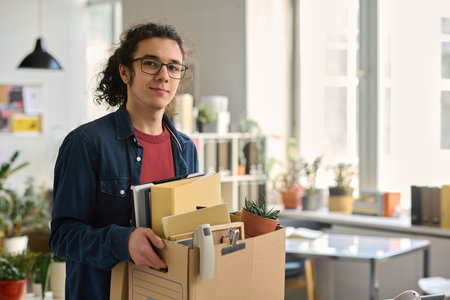 Waist up portrait of young man carrying box with personal items in office and looking at camera with smile copy spaceの写真素材