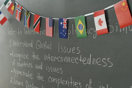 Blackboard with flags of different countries in school classroom, copy spaceの写真素材