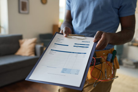 Close up of unrecognizable home maintenance worker holding clipboard with invoice form in hands and...