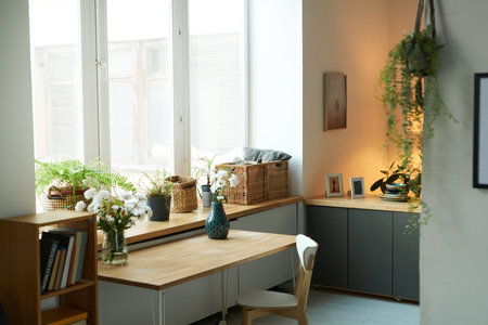 Background image of cozy home interior decorated with green plants and pictures on wall, simple...