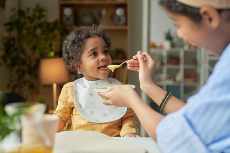 Toddler wearing a bib sitting in high chair being fed with spoon by parent. Warm light and cozy kitchen ambiance surrounding the scene creating a comfortable settingの写真素材