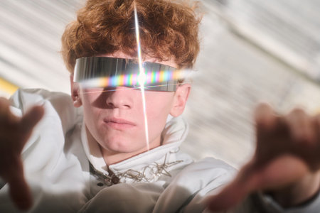 Portrait of someone wearing futuristic reflective glasses with outstretched hands and a white outfit...