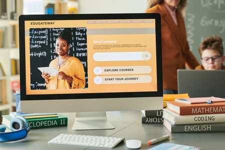 Background image of computer with smart learning online course on screen and picture of Black woman...