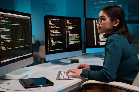 Side view portrait of female computer programmer typing at keyboard and writing code at office...