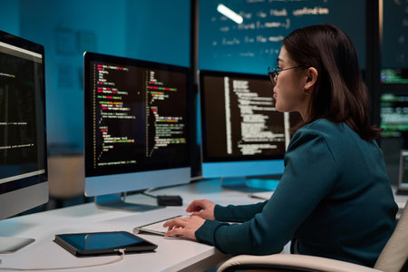 Portrait of young woman as software developer writing code while using computer at office workplace in blue light copy spaceの写真素材