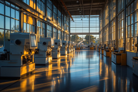 Spacious manufacturing facility with rows of advanced machinery casting long shadows as sunlight streams through large windows, creating a warm glow inside the industrial spaceの素材