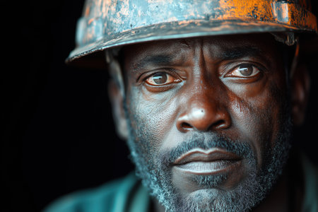 Portrait of African American man gazing intently while wearing worn hard hat and beard, creating intense yet thoughtful expression with dark background making face stand outの素材
