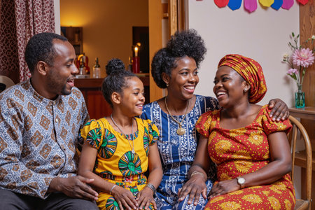 Portrait of happy African American family smiling sitting together and enjoying Kwanzaa celebration wearing colorful traditional outfitsの素材