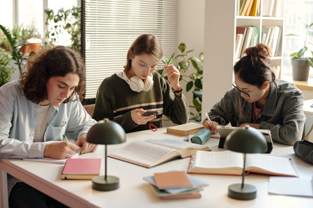Group of three students sitting at desk in college classroom while preparing for exams reading book