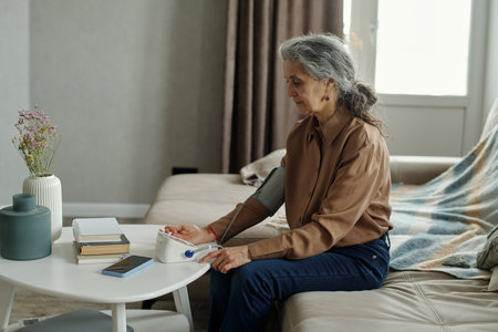 Elderly woman sitting on couch, checking blood pressure with a digital device. Modern living room interior, flowers in vase and books on table creating a calming atmosphereの写真素材