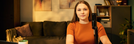 Portrait of Caucasian teenage girl sitting at desk speaking into microphone recording podcast in cozy home studio setting, looking directly at camera with confident expressionの写真素材