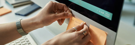 Caucasian young adult woman attaching sticky notes to computer monitor, organizing tasks related to...