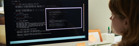 Caucasian young adult woman working on neural network development, analyzing code on computer...