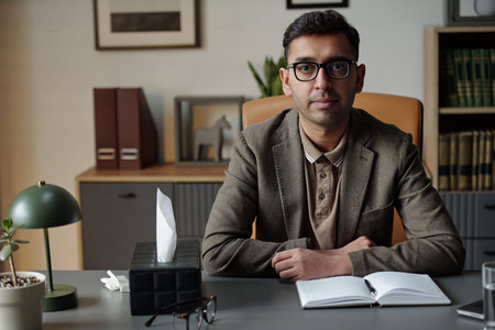 Portrait of man sitting at desk in office setting looking into camera, hands resting on open notebook, tissue box and eyeglasses on table, therapy contextの写真素材