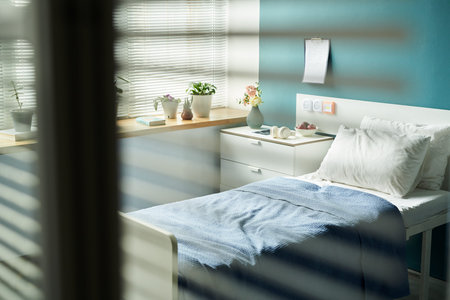 Hospital room featuring unoccupied single bed with blue blanket, bedside table holding flowers and...