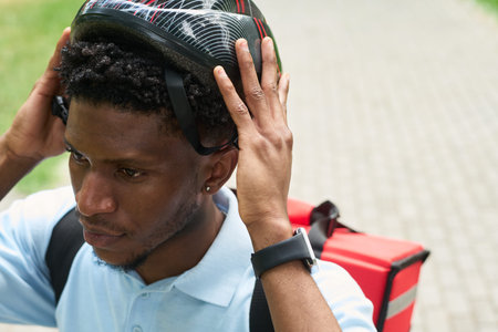 Young Black man adjusting bicycle helmet, wearing smartwatch and carrying insulated food delivery...