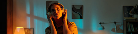 Header image of woman listening to music with headphones, standing indoors with eyes closed,...