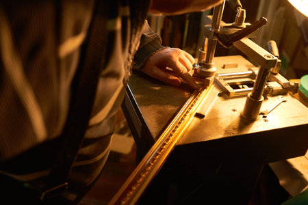 Man operating industrial machine, carefully aligning ornate wooden strip under cutting tool, hands...